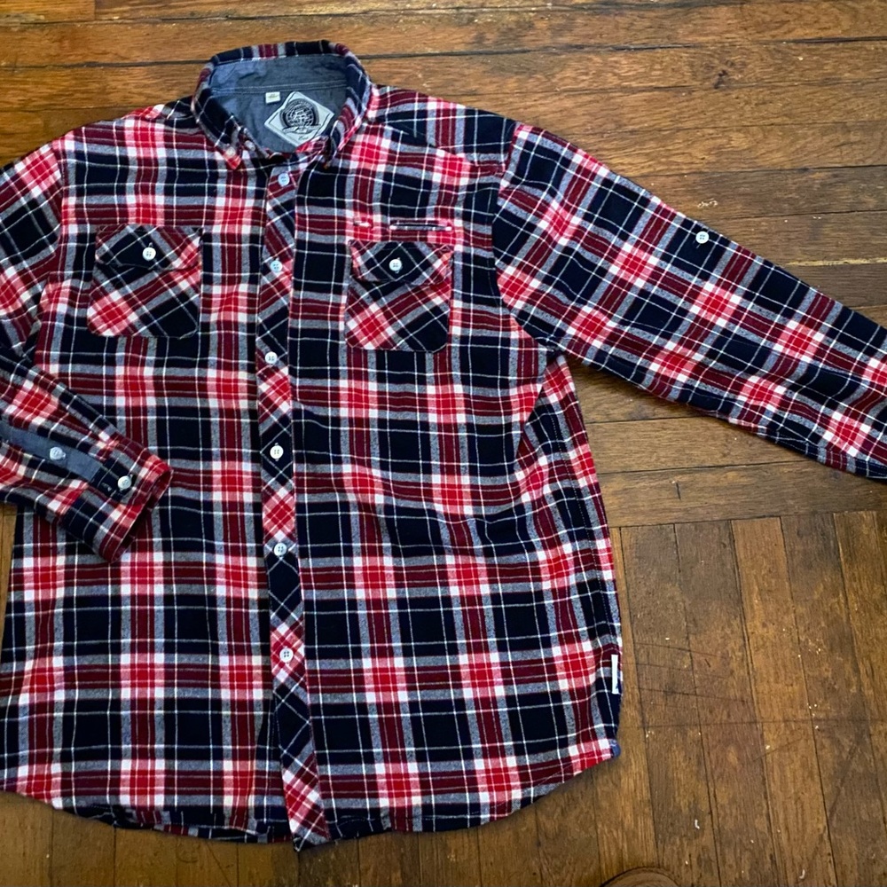 AMONGST FRIENDS blue red white plaid XL flannel shirt